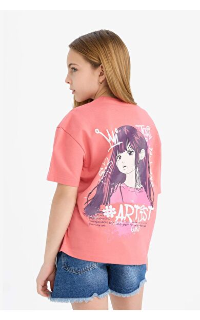 DeFacto Kız Çocuk Relax Fit Bisiklet Yaka Sırt Baskılı Kısa Kollu Tişört E0387A825SMBR133