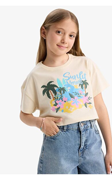 DeFacto Kız Çocuk Full Crop Bisiklet Yaka Kısa Kollu Tişört E0388A825SMER233