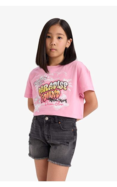 DeFacto Kız Çocuk Crop Bisiklet Yaka Baskılı Kısa Kollu Tişört E0388A825SMPN666
