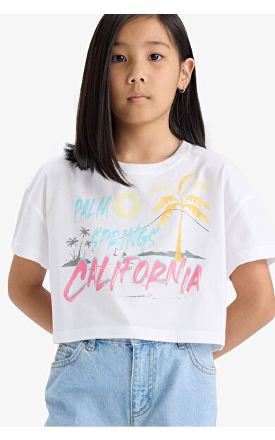 DeFacto Kız Çocuk Crop Bisiklet Yaka Baskılı Kısa Kollu Tişört E0388A825SMWT34