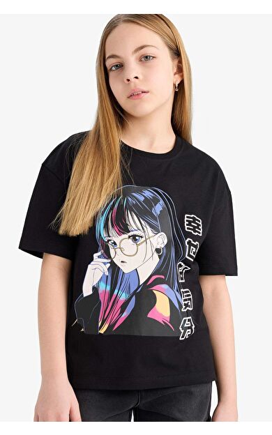 DeFacto Kız Çocuk Relax Fit Bisiklet Yaka Kısa Kollu Tişört E0389A825SMBK81