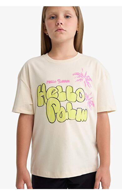 DeFacto Kız Çocuk Relax Fit Bisiklet Yaka Kısa Kollu Tişört E0389A825SMER42