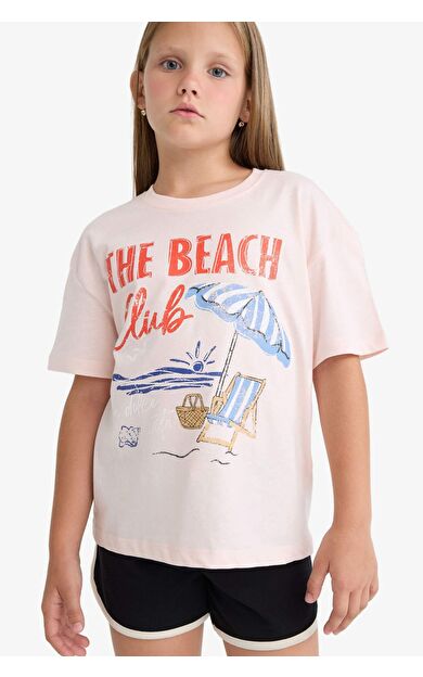 DeFacto Kız Çocuk Relax Fit Palmiye Bsakılı Bisiklet Yaka Kısa Kollu Tişört