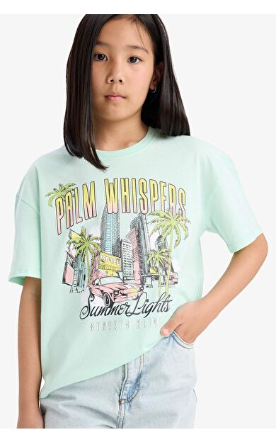 DeFacto Kız Çocuk Relax Fit Bisiklet Yaka Baskılı Kısa Kollu Tişört E0389A825SMTR413