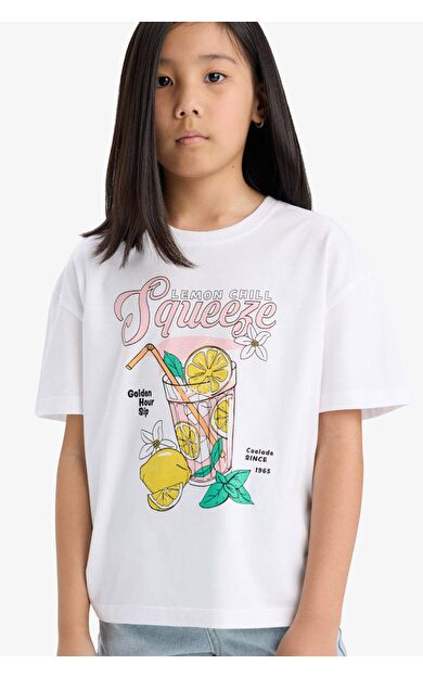 DeFacto Kız Çocuk Relax Fit Bisiklet Yaka Baskılı Kısa Kollu Tişört E0389A825SMWT34