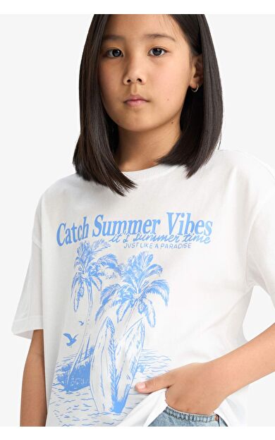 DeFacto Kız Çocuk Relax Fit Bisiklet Yaka Kısa Kollu Tişört E0390A825SMWT34