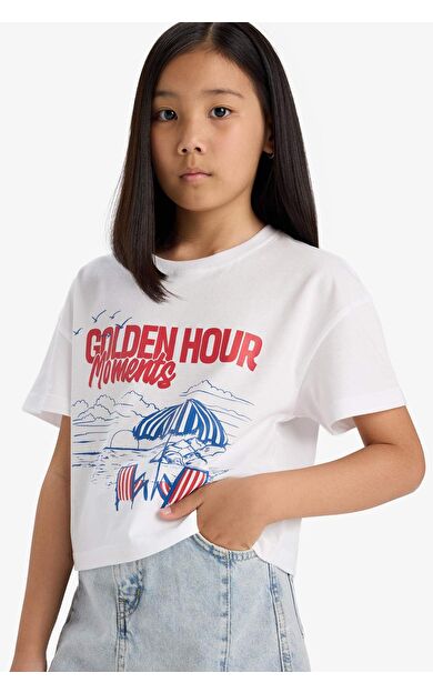 DeFacto Kız Çocuk Boxy Fit Bisiklet Yaka Hayvan Desenli Kısa Kollu Tişört