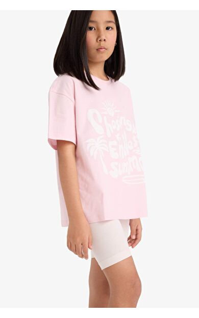 DeFacto Kız Çocuk Oversize Geniş Kalıp Bisiklet Yaka Baskılı Kısa Kollu Tişört E0392A825SMPN74