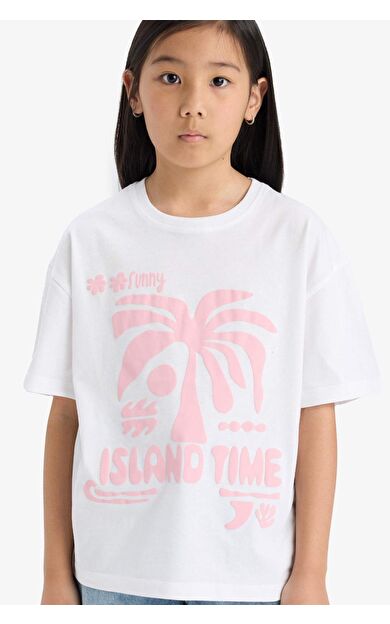 DeFacto Kız Çocuk Oversize Geniş Kalıp Bisiklet Yaka Baskılı Kısa Kollu Tişört E0392A825SMWT34