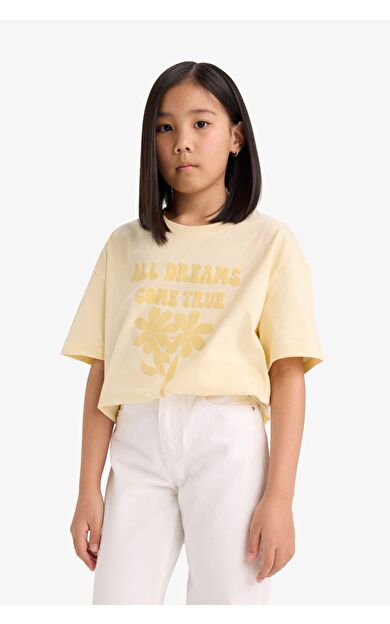 DeFacto Kız Çocuk Oversize Geniş Kalıp Bisiklet Yaka Kısa Kollu Tişört E0392A825SMYL239