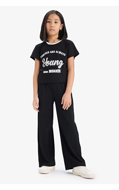 DeFacto Kız Çocuk 2'li Takım Fitilli Kaşkorse Baskılı Kısa kollu Tişört Wide Leg Geniş Bol Paça Pantolon