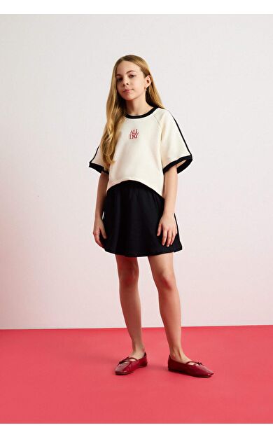 Kız Çocuk 2'li Takım Bisiklet Yaka Baskılı Kısa Kollu Tişört Etek