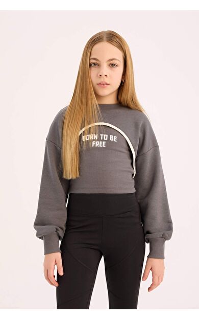 DeFacto Kız Çocuk Crop Bisiklet Yaka Baskılı Sweatshirt