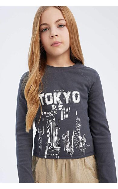 DeFacto Kız Çocuk Bisiklet Yaka Baskılı Kaşkorse Uzun Kollu Tişört