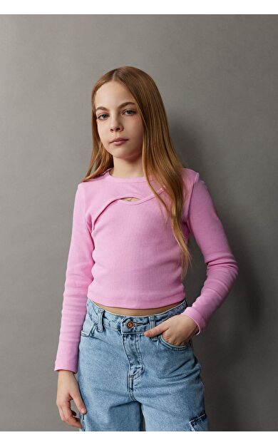 DeFacto Kız Çocuk Regular Fit Bisiklet Yaka Fitilli Kaşkorse Uzun Kollu Tişört