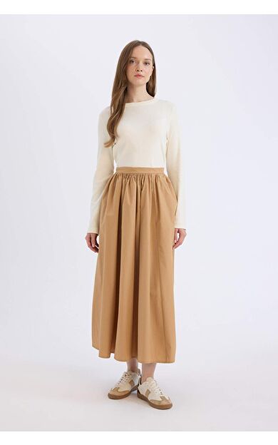 DeFacto A Kesim Beli Fermuarlı Basic Düz Poplin Kumaş Maxi Etek