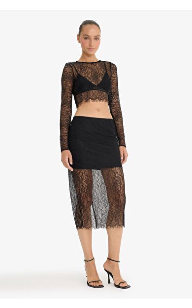 DeFacto Slim Fit Dar Kesim Astarlı Midi Dantelli Etek