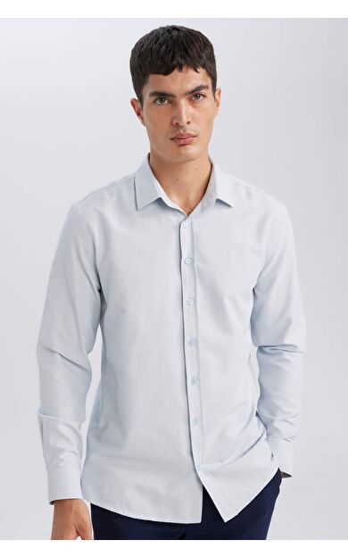 DeFacto Okula Dönüş Modern Fit Polo Yaka Dokulu Uzun Kollu Gömlek E0475AX24AUBE96