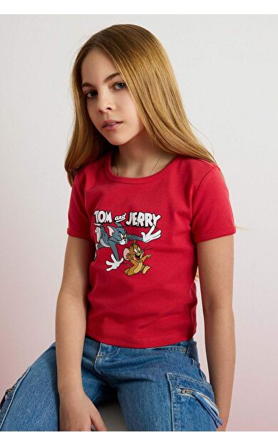 DeFacto Kız Çocuk Tom &amp; Jerry Crop Bisiklet Yaka Kısa Kollu Tişört