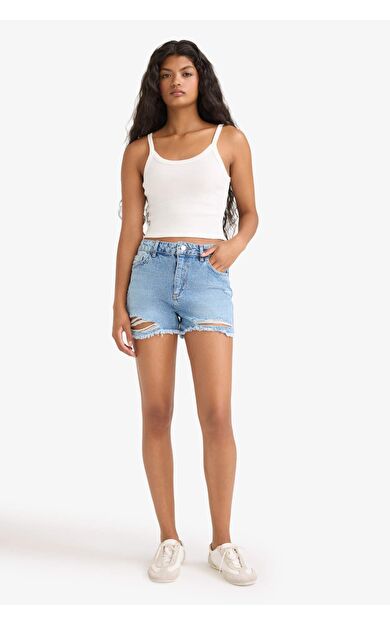 DeFacto Yüksek Bel Paça Ucu Kesik Jean Şort E0504AX25AUNM28