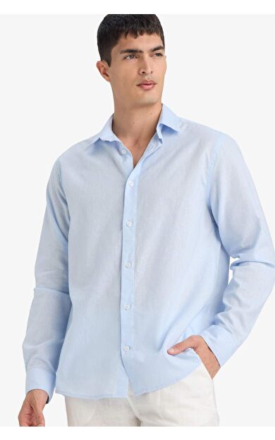 DeFacto Regular Fit Polo Yaka Keten Karışımlı Yazlık Uzun Kollu Gömlek E0518AX25SMBE656