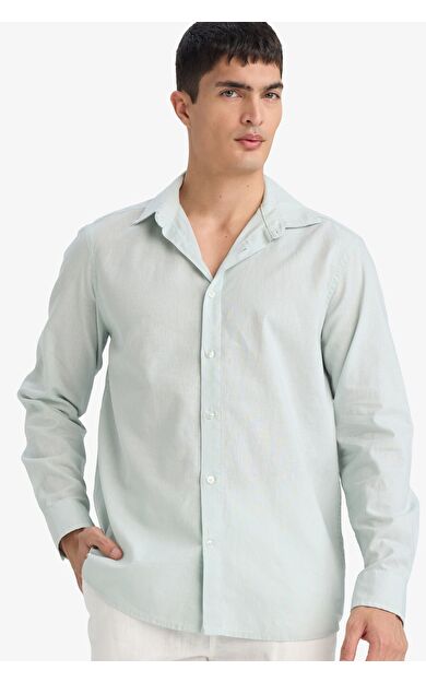 DeFacto Regular Fit Polo Yaka Keten Karışımlı Yazlık Uzun Kollu Gömlek E0518AX25SMGN1260