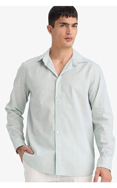 DeFacto Regular Fit Polo Yaka Keten Karışımlı Yazlık Uzun Kollu Gömlek E0518AX25SMGN1260