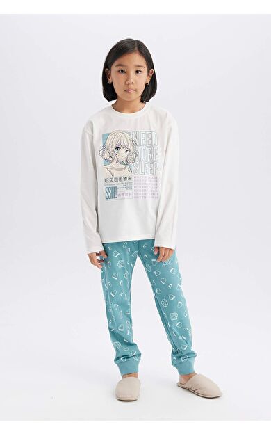 DeFacto Kız Çocuk Pijama Takımı Uzun Kollu Pijama Üstü Esnek Belli Uzun Pijama Altı E0531A825SPER233