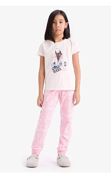 Kız Çocuk Pijama Takımı Bisiklet Yaka Baskılı Kısa Kollu Üst Uzun Alt