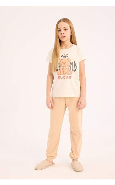 DeFacto Kız Çocuk Pijama Takımı Baskılı Kısa Kollu Üst Beli Lastikli Uzun Alt E0543A825SMER85