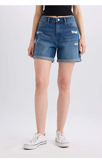 Boyfriend Yüksek Bel Katlamalı Paça Jean Şort