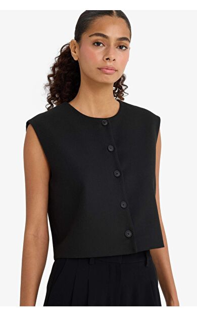 Bisiklet Yaka Basic Düz Düğmeli Yelek