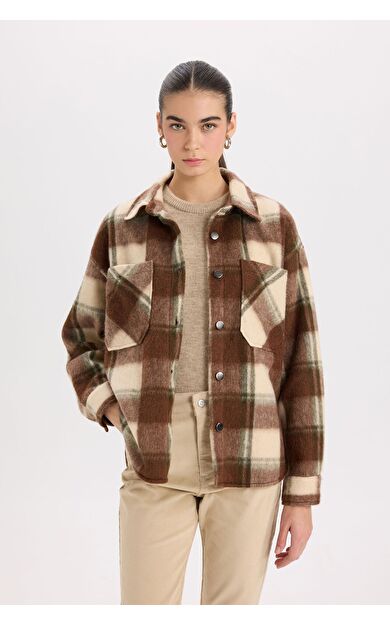 DeFacto Oversize Fit Geniş Kalıp Gömlek Yaka Flanel Uzun Kollu Gömlek