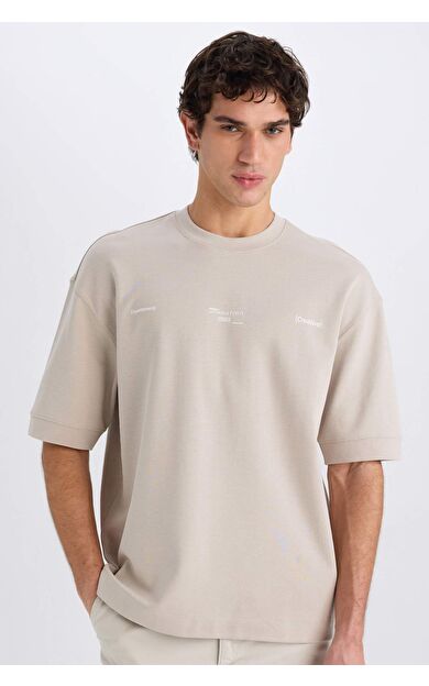 DeFacto Loose Fit Bisiklet Yaka Baskılı Kısa Kollu Ağır Kumaş Tişört E0575AX25SMBG170