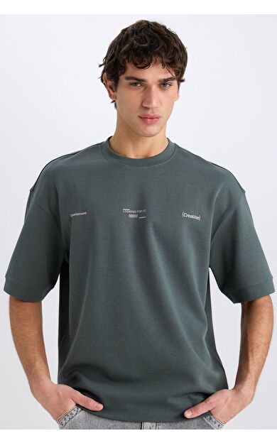 DeFacto Loose Fit Bisiklet Yaka Baskılı Kısa Kollu Ağır Kumaş Tişört E0575AX25SMGN498