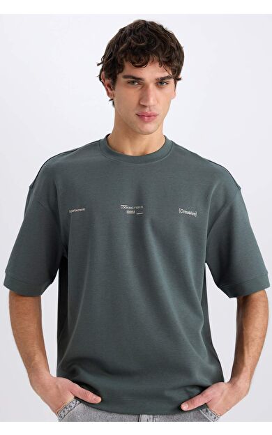 DeFacto Loose Fit Bisiklet Yaka Baskılı Kısa Kollu Ağır Kumaş Tişört E0575AX25SMGN498