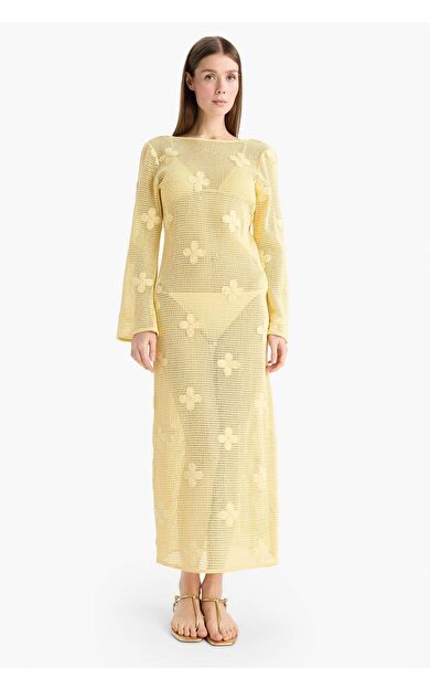 Regular Fit Uzun Kollu Dantelli Maxi Plaj Elbisesi-Fall in Love E0603AX25SMYL118