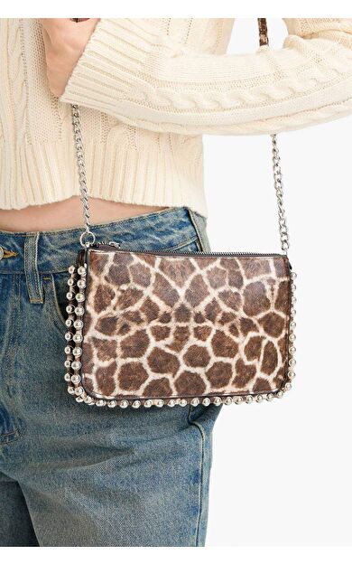 Kadın Zımba DetaylıLeopar Desneli Suni Deri Çapraz Çanta