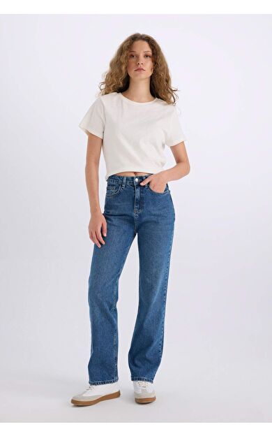 Straight Fit Yüksek Bel Bilek Boy Jean Yıkamalı Pantolon