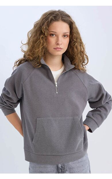 DeFacto Oversize Fit Geniş Kalıp Basic Düz Kanguru Cepli Fermuarlı Polo Yaka Sweatshirt