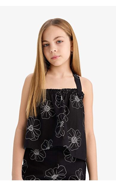 Kız Çocuk Çiçekli Askılı Keten Bluz
