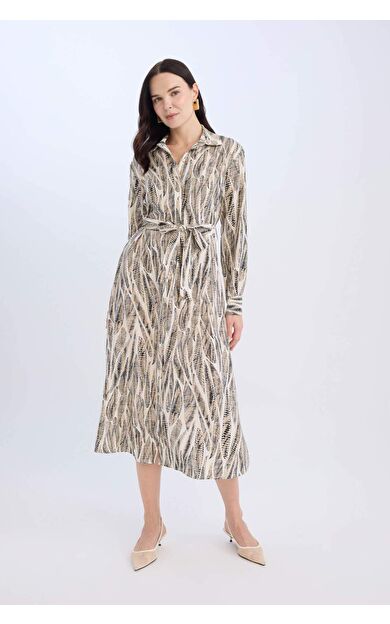 Regular Fit Desenli V Yaka Kuşaklı Uzun Kollu Maxi Elbise