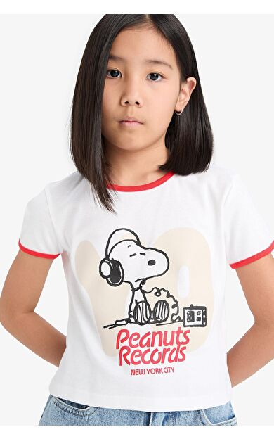 DeFacto Kız Çocuk Snoopy Crop Bisiklet Yaka Kaşkorse Kısa Kollu Tişört