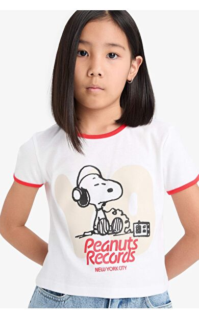 DeFacto Kız Çocuk Snoopy Crop Bisiklet Yaka Kaşkorse Kısa Kollu Tişört