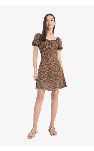 Coool A Kesim Kare Yaka Desenli Viskon Kısa Kollu Mini Elbise