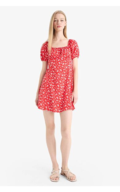 Coool A Kesim Kare Yaka Desenli Viskon Kısa Kollu Mini Elbise