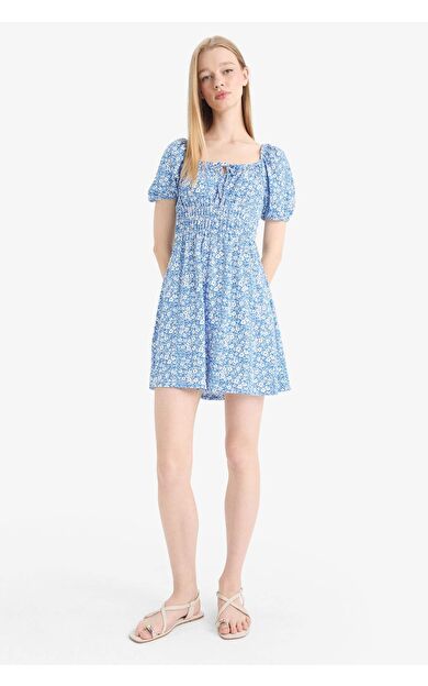 Coool Kare Yaka Çiçekli Bürümcük Kısa Kollu Mini Elbise