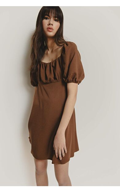 A Kesim Kare Yaka Keten Kısa Kollu Midi Elbise