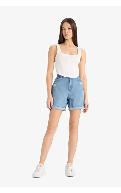 DeFacto Boyfriend Yüksek Bel Crop Fit Jean Şort