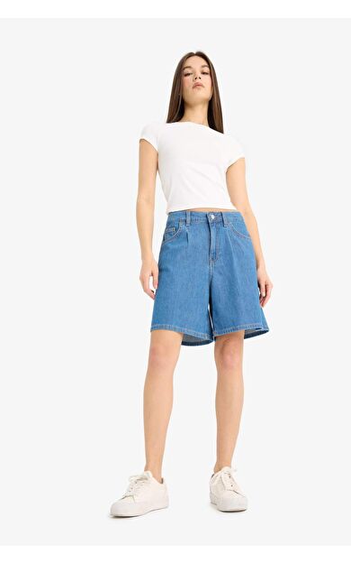 DeFacto Yüksek Bel Düz Paça Yumuşak Jean Bermuda